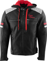 Rusty Stitches Jari Hooded V2,  leather jacket,  color: Black/Light Grey/Red,  size: 3XL
